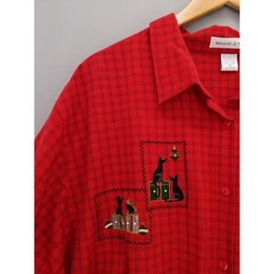 Maggie & Max Embroidered Christmas Cats Button Down Shirt Women 4X Red Plaid